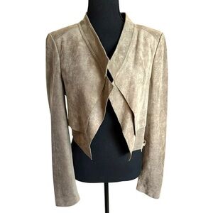 BCBGMAXAZRIA Tan Faux Suede Cropped Jacket Open Front XXS Minimalist Cardigan